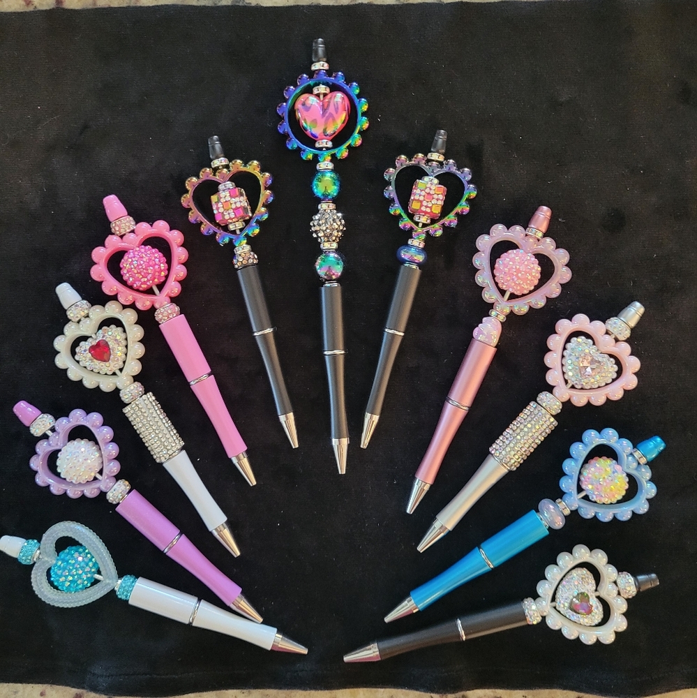 Iridescent Heart Pens Bridal Sweetheart Birthday Gift Set Festival Trading Beads